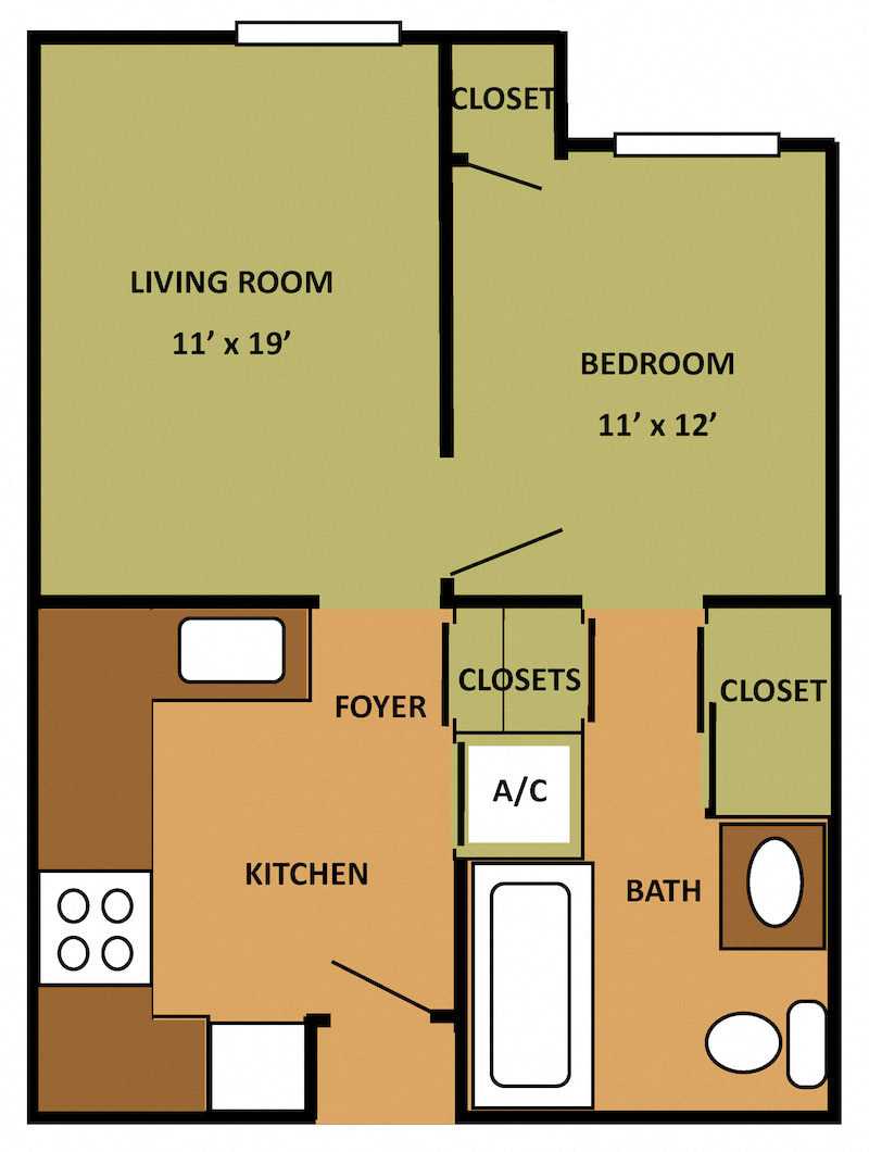 Floor plan for 1 bed, 1 bath, 540 sqft